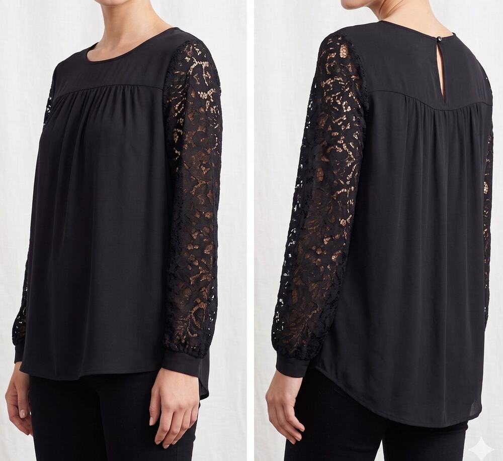 Ann Taylor LOFT Small Black Polyester Blouse Long Lace Sleeves